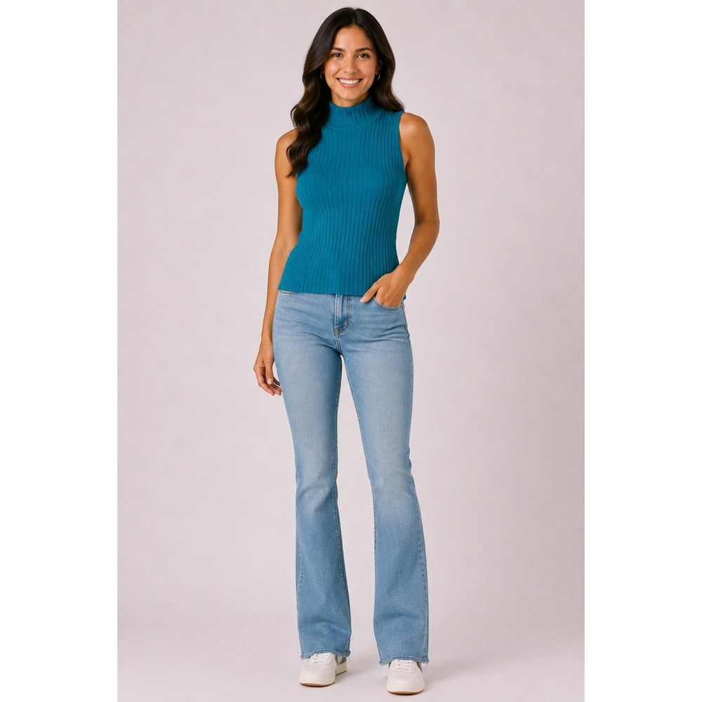 525 America Mock Neck Sleeveless Ribbed Knit Top,Teal Medium